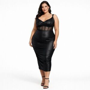 NWT SHEIN Solid Black Faux Leather Midi V Neck Sleeveless Body con Dress 3 XL